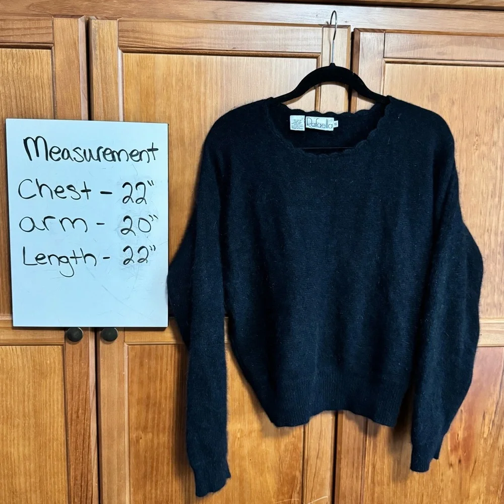 Vintage Rafaella Black Angora Wool Blend Sweater Scallop Neck SMALL Hong Kong - Picture 7 of 9